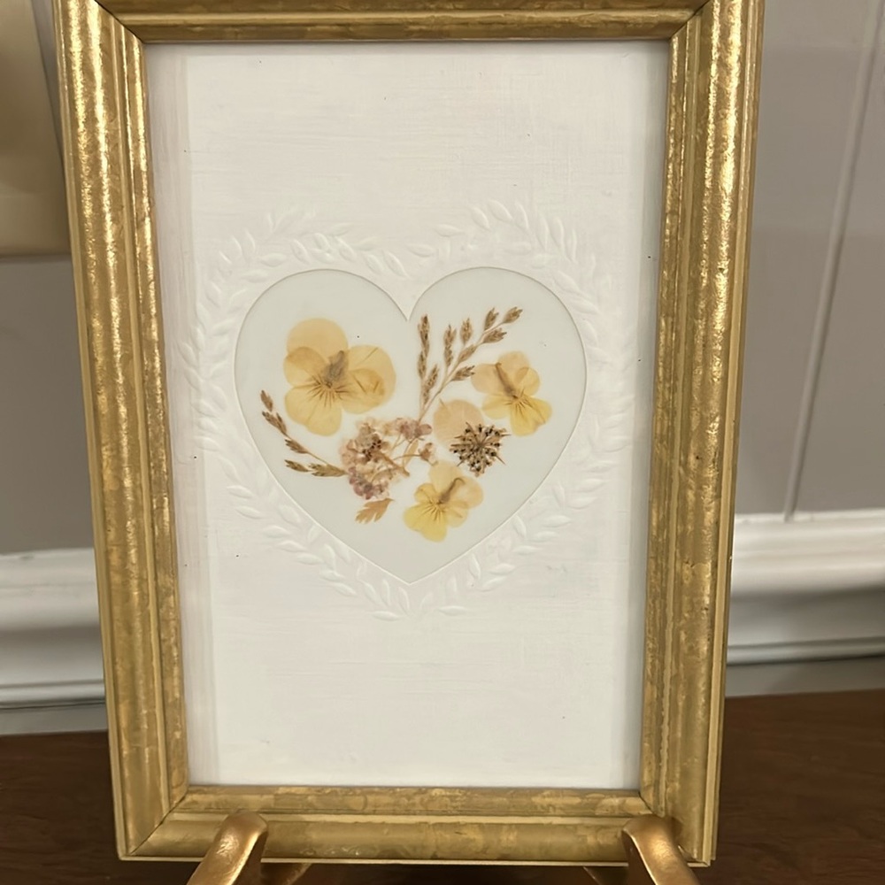 “Wildflowers” framed art, gold frame, parchment paper and pressed flowers